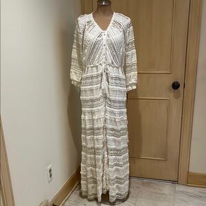PENELOPE ROSE NWT Boho Beach Wedding Cream Lace Drawstring Cotton Maxi Dress S